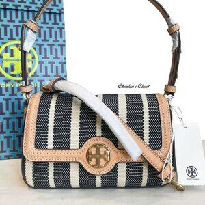 🔥NeW! Tory Burch Felix Striped Canvas Mini Flap Shoulder Bag/ Crossbody Bag
